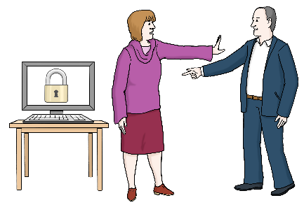 Eine Frau und ein Mann stehen neben einem Computer. Auf dem Bildschirm ist ein Schloss. Die Frau hält den Mann mit der Hand auf.