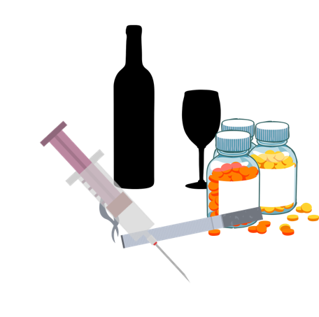 Eine Wein-Flasche, ein Wein-Glas, 2 Dosen mit Tabletten und eine Spritze.