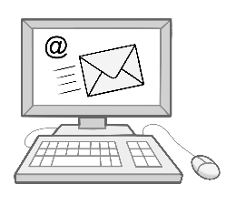 Ein Computer. Auf dem Bildschirm sind ein Brief-Umschlag und ein At-Zeichen.