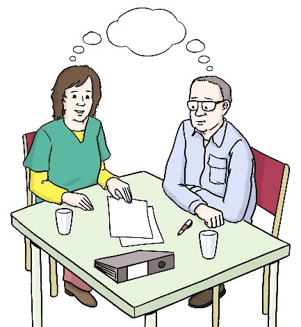 Eine Frau und ein Mann sitzen an einem Tisch. Vor ihnen liegen Papiere. Über ihnen ist eine Denk-Blase.